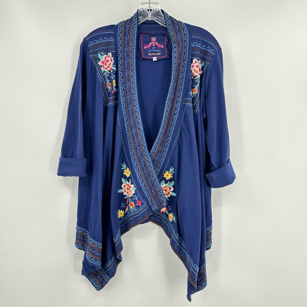 Johnny Was Floral Embroidered Drape Cardigan Blue Size M